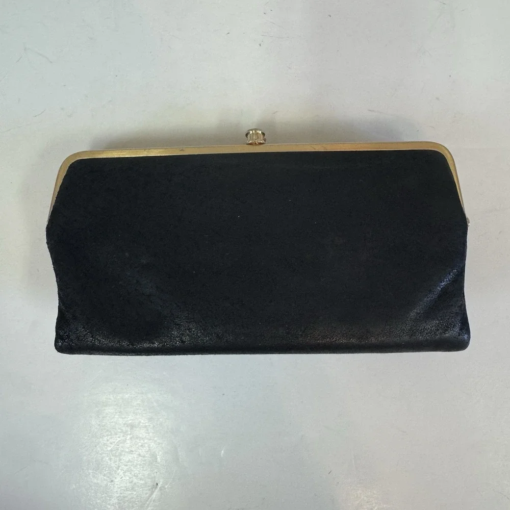 Hobo The Original Leather Lauren Double Frame Clutch Wallet Black Textured VTG